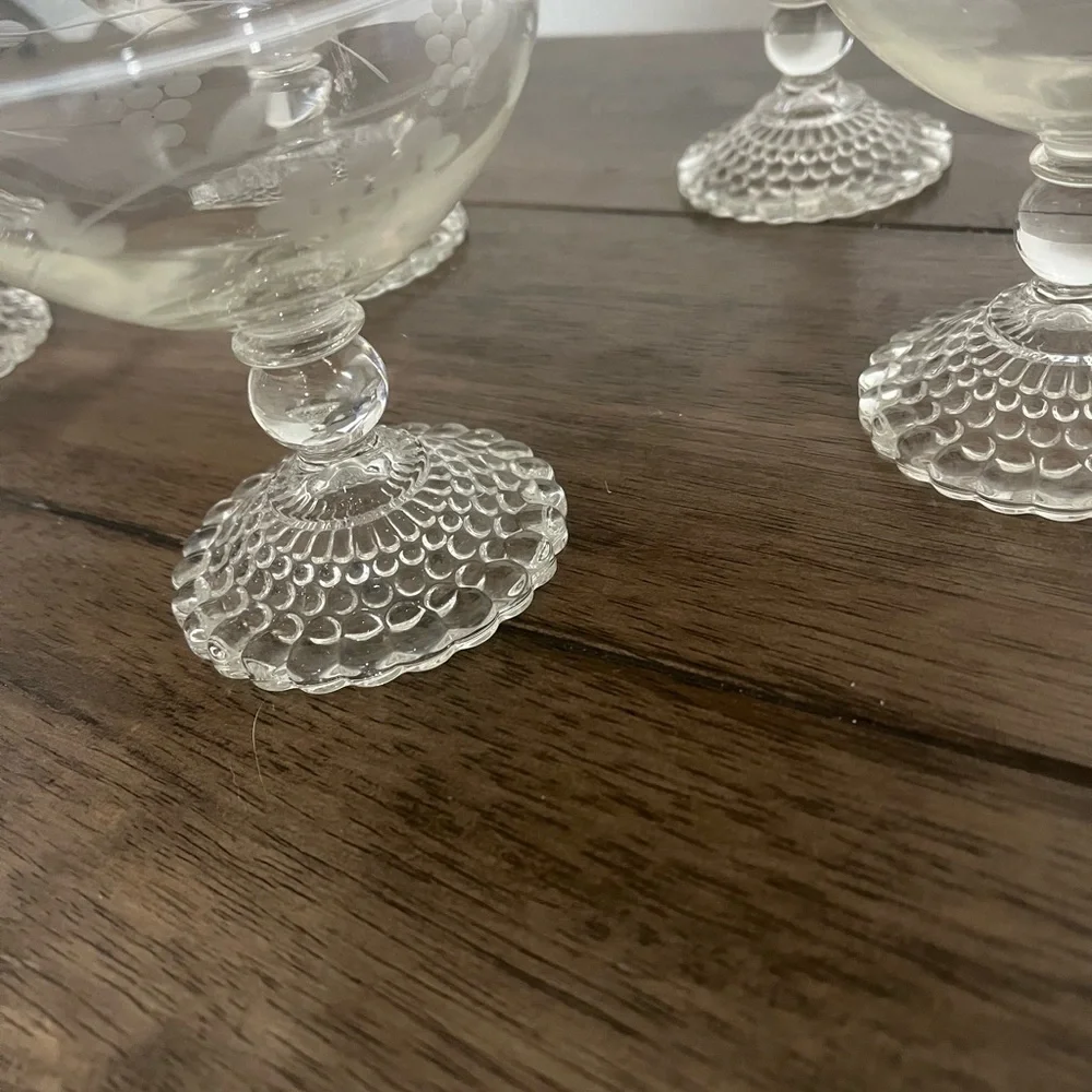 ElSet of 6 Vintage Etched Glass Sherbet Dessert Coupes | Hobnail Pedestal Base